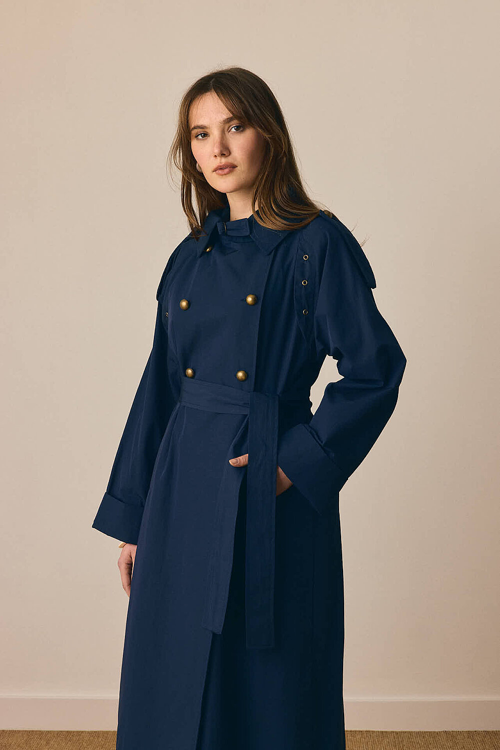 Gold Düğmeli Trençkot Lacivert - 1