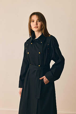 Gold Düğmeli Trençkot Siyah - 1