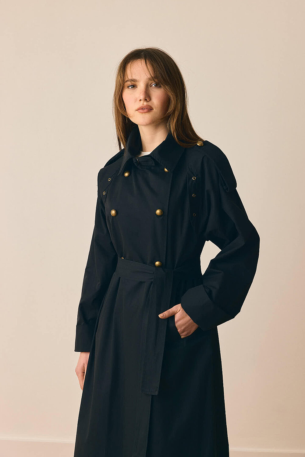 Gold Düğmeli Trençkot Siyah 