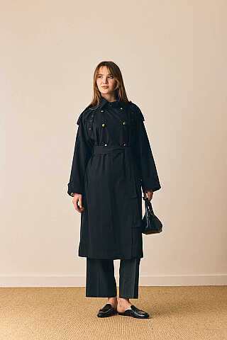 Gold Düğmeli Trençkot Siyah - 9