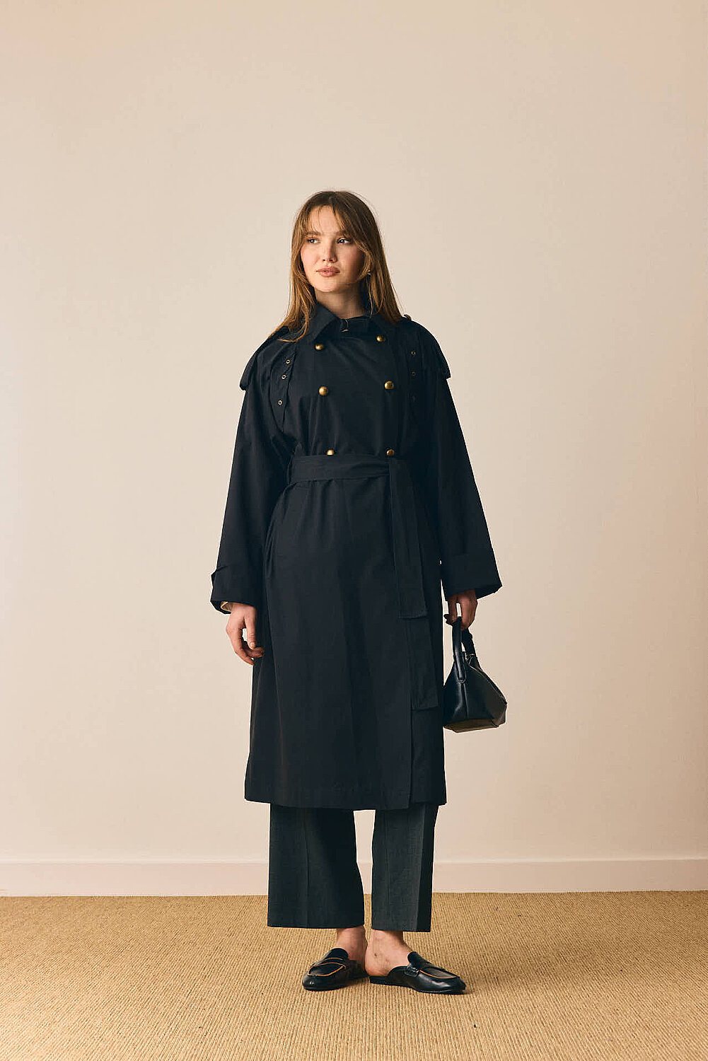 Gold Düğmeli Trençkot Siyah - 9