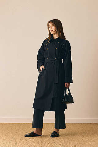 Gold Düğmeli Trençkot Siyah - 3