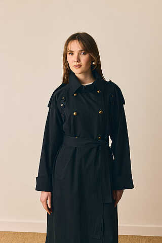 Gold Düğmeli Trençkot Siyah - 6