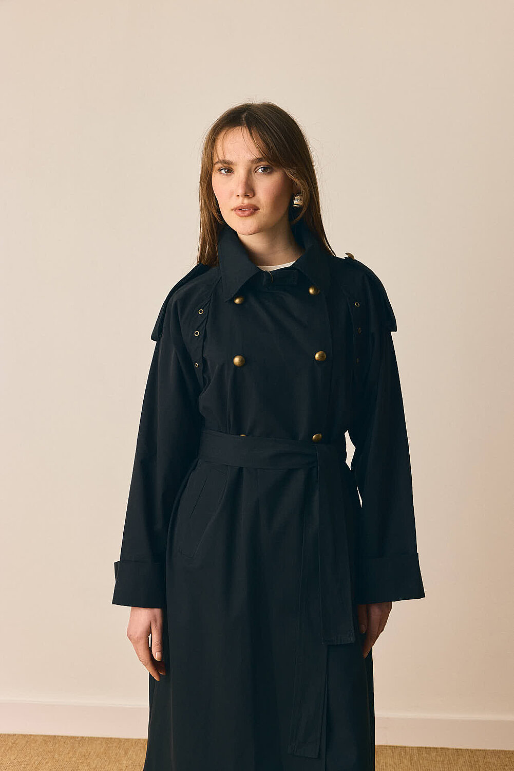 Gold Düğmeli Trençkot Siyah - 6