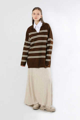 Gömlek Yaka Çizgili Triko Kazak Kahve - 1
