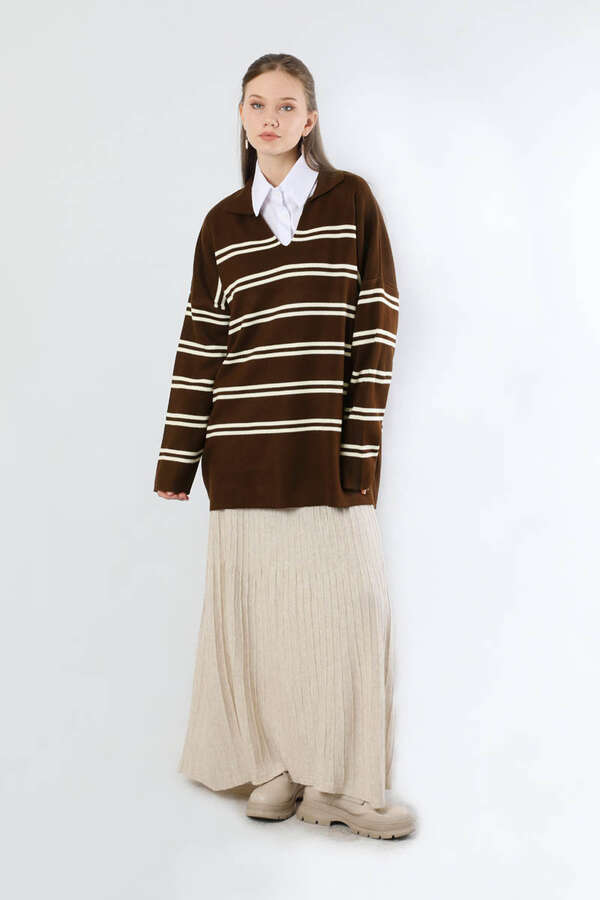 Gömlek Yaka Çizgili Triko Kazak Kahve - 1