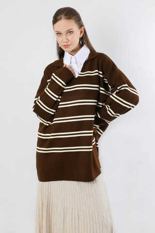 Gömlek Yaka Çizgili Triko Kazak Kahve - 2