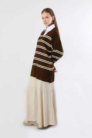 Gömlek Yaka Çizgili Triko Kazak Kahve - 3