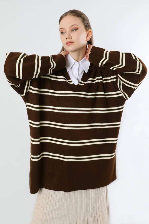 Gömlek Yaka Çizgili Triko Kazak Kahve - 5