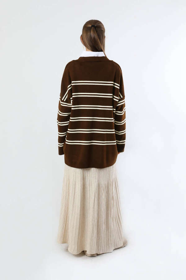 Gömlek Yaka Çizgili Triko Kazak Kahve - 6
