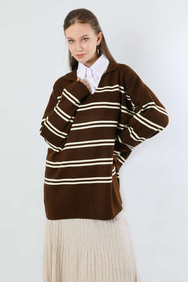 Gömlek Yaka Çizgili Triko Kazak Kahve - 2
