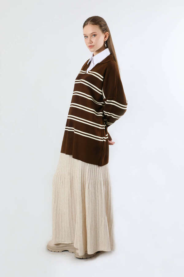 Gömlek Yaka Çizgili Triko Kazak Kahve - 3