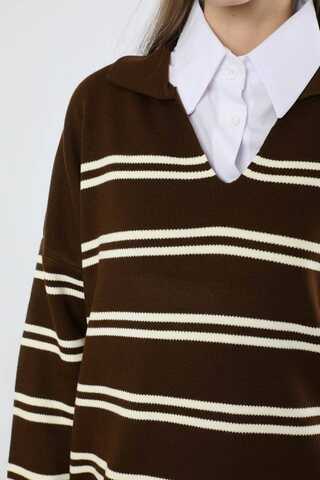 Gömlek Yaka Çizgili Triko Kazak Kahve - 4