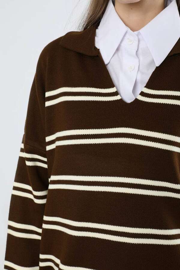 Gömlek Yaka Çizgili Triko Kazak Kahve - 4