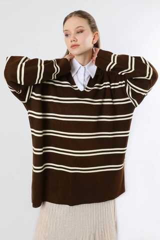 Gömlek Yaka Çizgili Triko Kazak Kahve - 5
