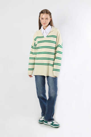 Gömlek Yaka Çizgili Triko Kazak Krem - 1