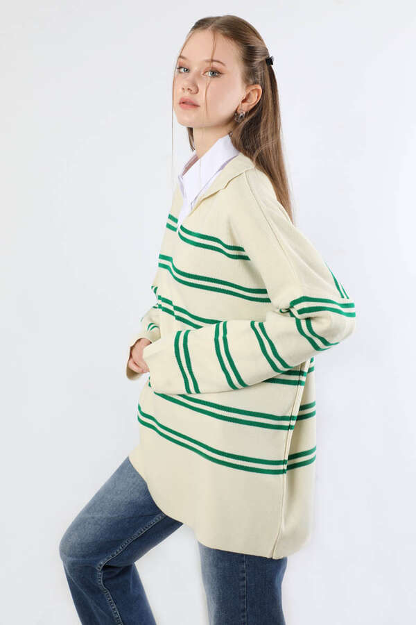 Gömlek Yaka Çizgili Triko Kazak Krem - 2