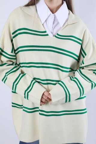 Gömlek Yaka Çizgili Triko Kazak Krem - 4