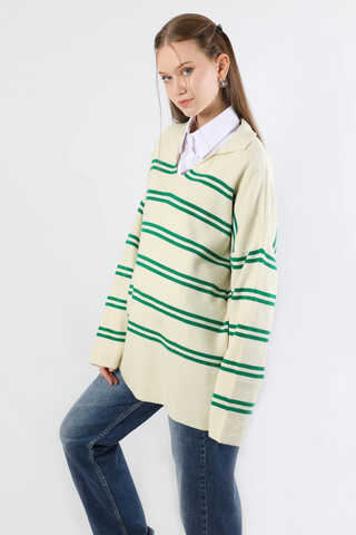 Gömlek Yaka Çizgili Triko Kazak Krem - 5