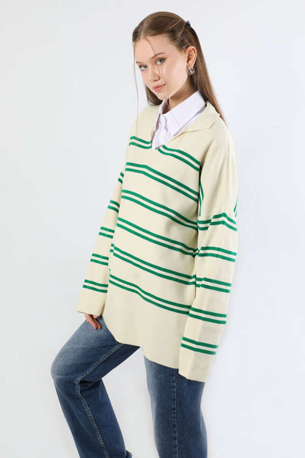 Gömlek Yaka Çizgili Triko Kazak Krem - 5