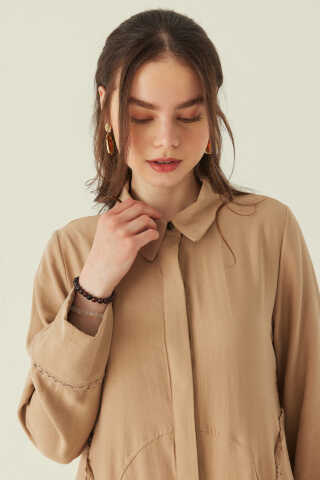 Gömlek Yaka Dantelli Elbise Bej - 3