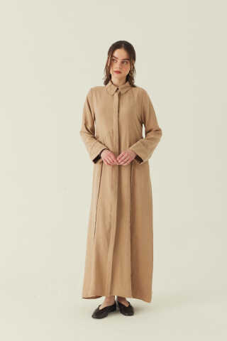 Gömlek Yaka Dantelli Elbise Bej - 1