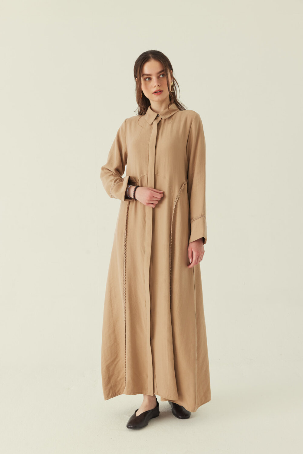 Gömlek Yaka Dantelli Elbise Bej - 5