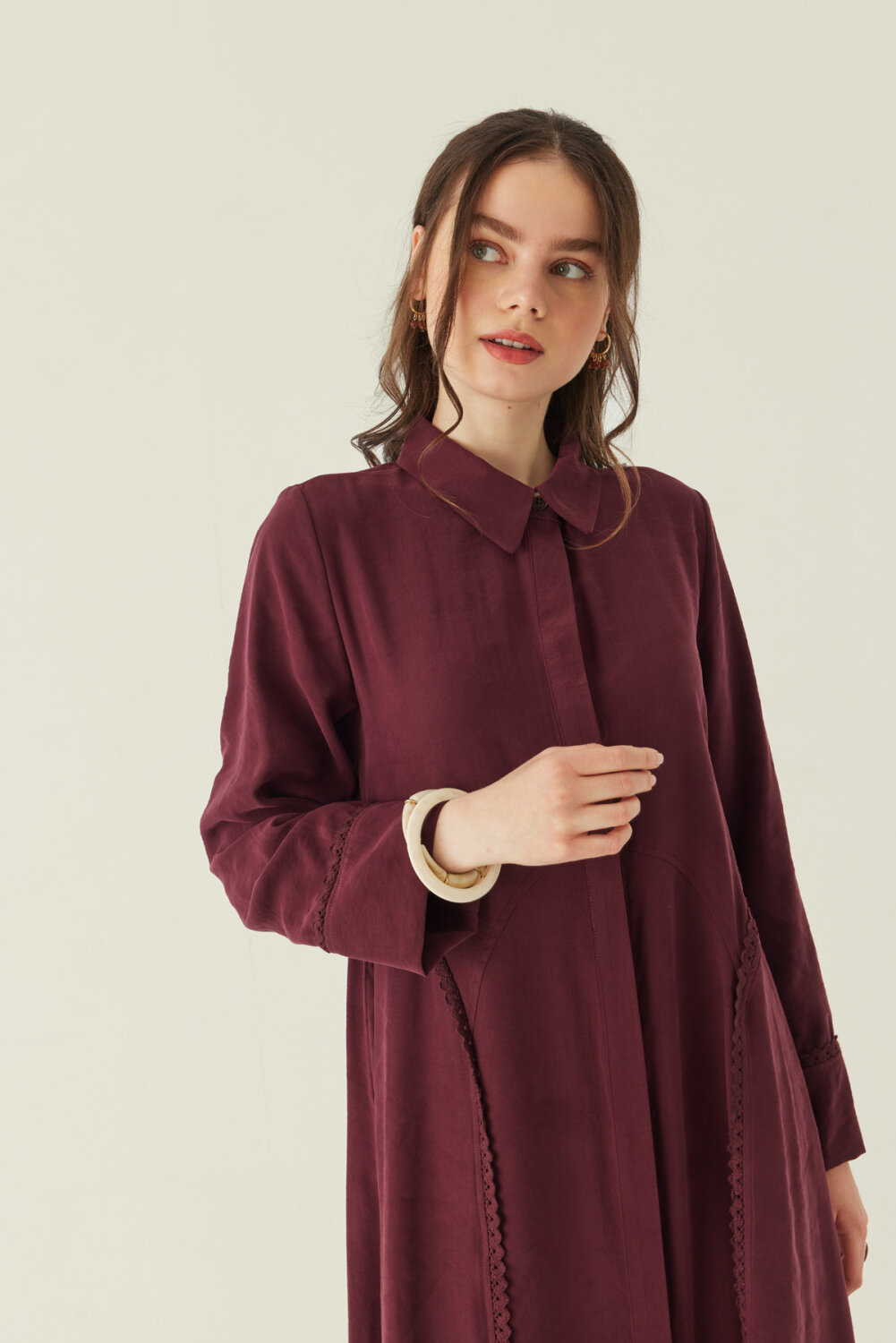 Gömlek Yaka Dantelli Elbise Bordo 