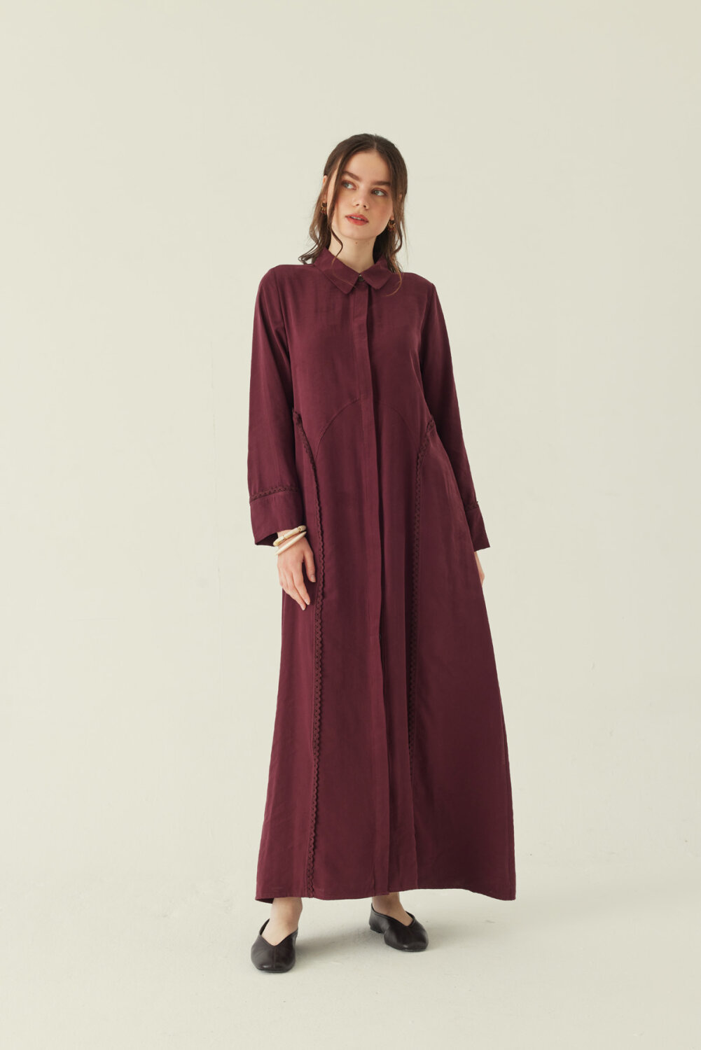 Gömlek Yaka Dantelli Elbise Bordo - 3