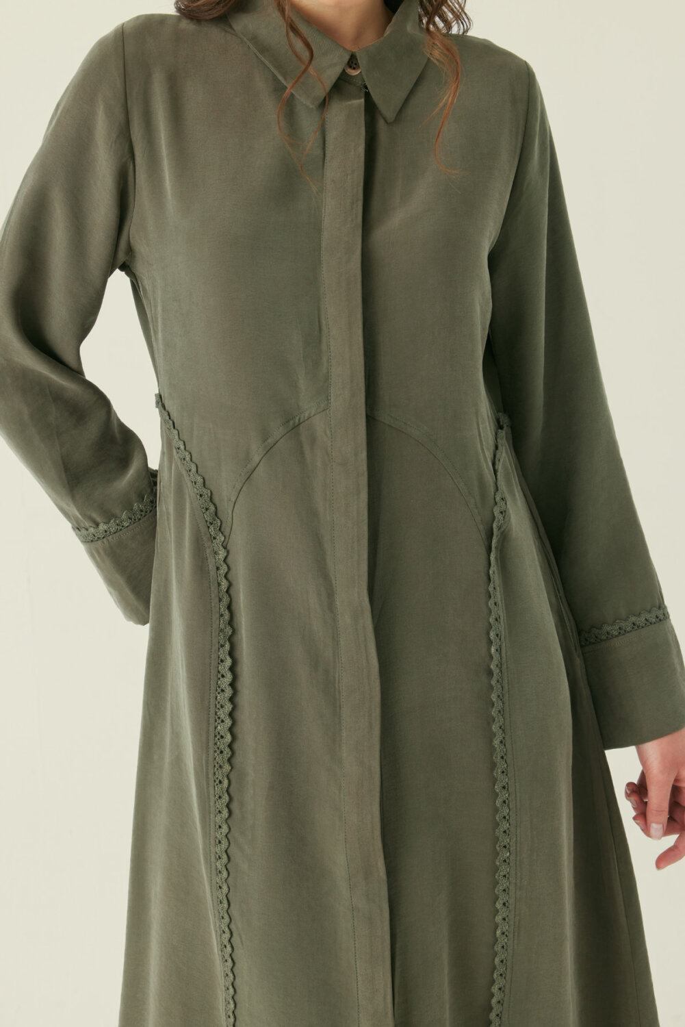 Gömlek Yaka Dantelli Elbise Haki - 5