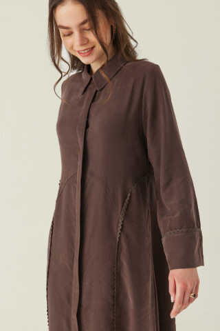 Gömlek Yaka Dantelli Elbise Kahverengi - 4