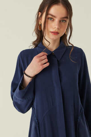 Gömlek Yaka Dantelli Elbise Lacivert - 2