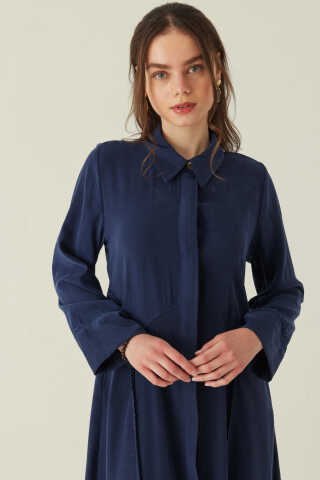 Gömlek Yaka Dantelli Elbise Lacivert - 5