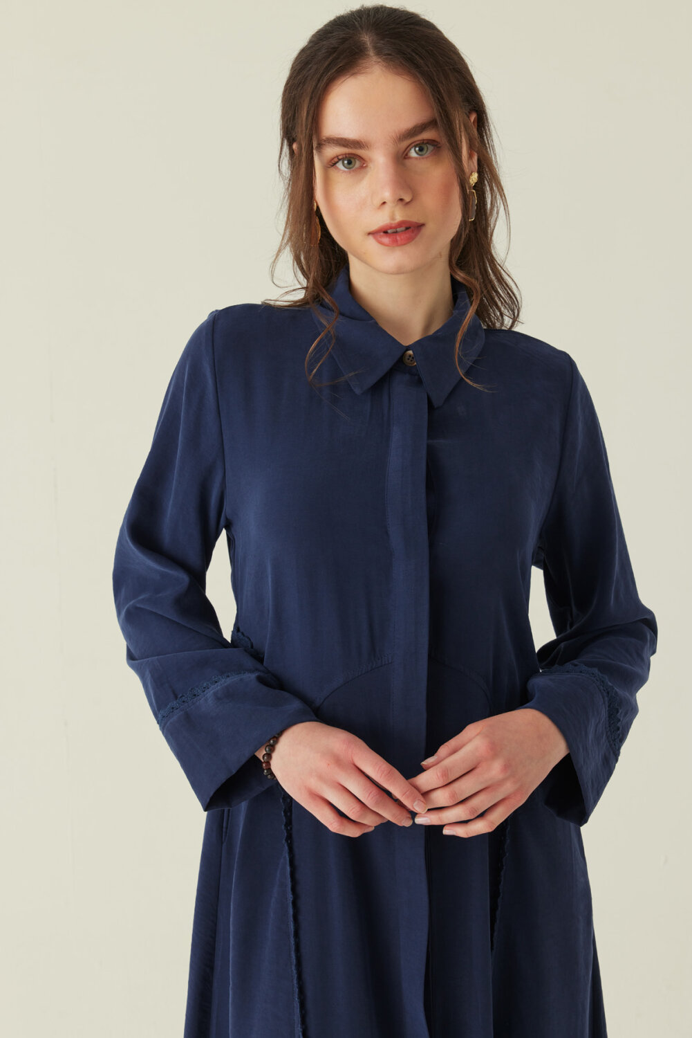 Gömlek Yaka Dantelli Elbise Lacivert - 5