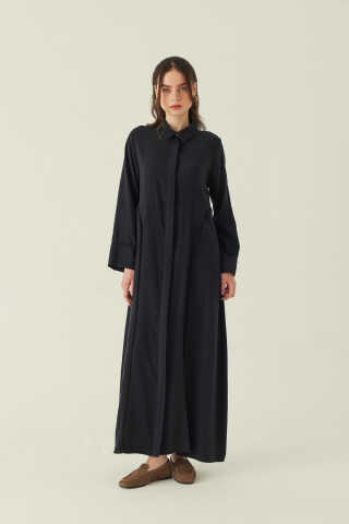 Gömlek Yaka Dantelli Elbise Siyah - 1