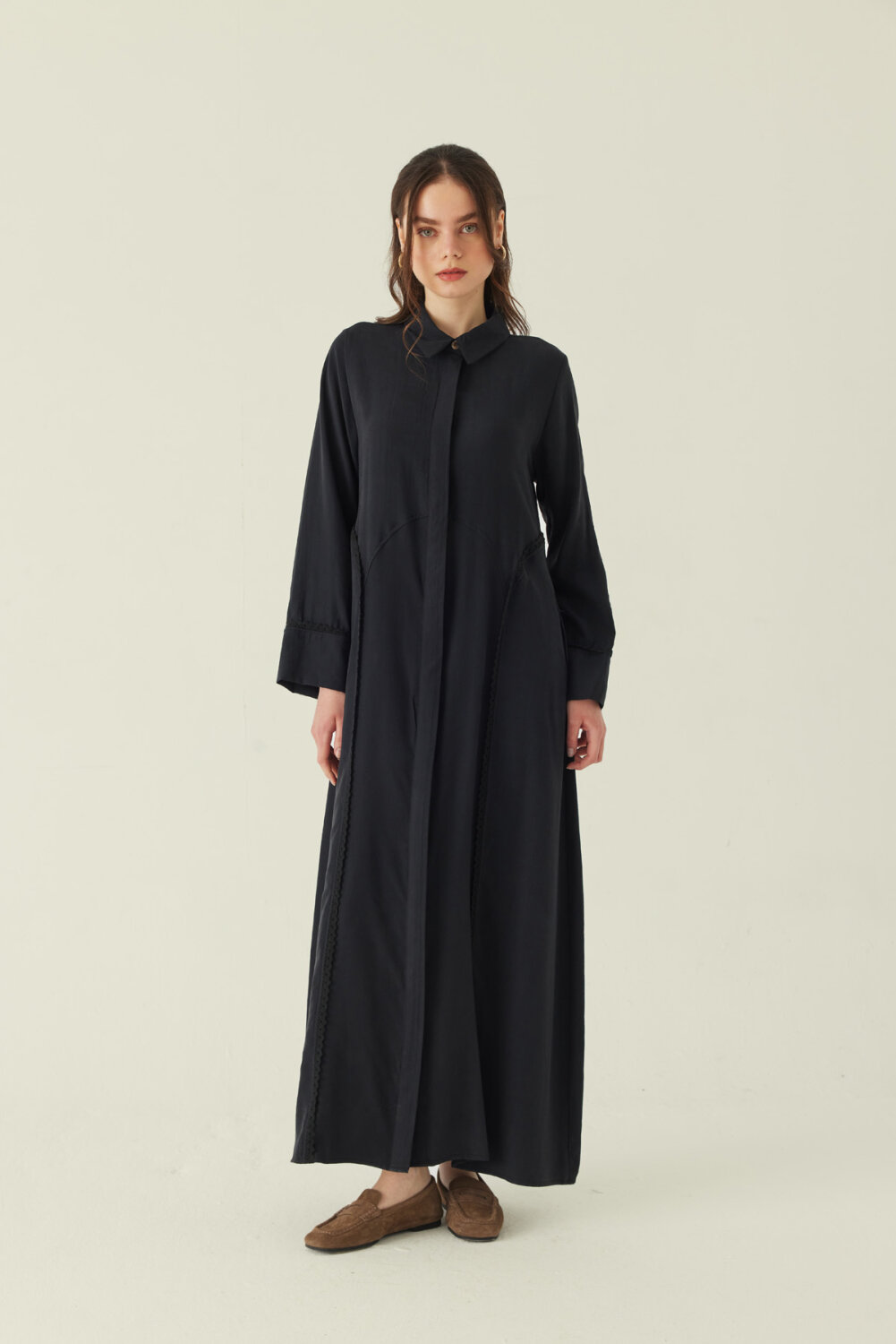 Gömlek Yaka Dantelli Elbise Siyah - 1