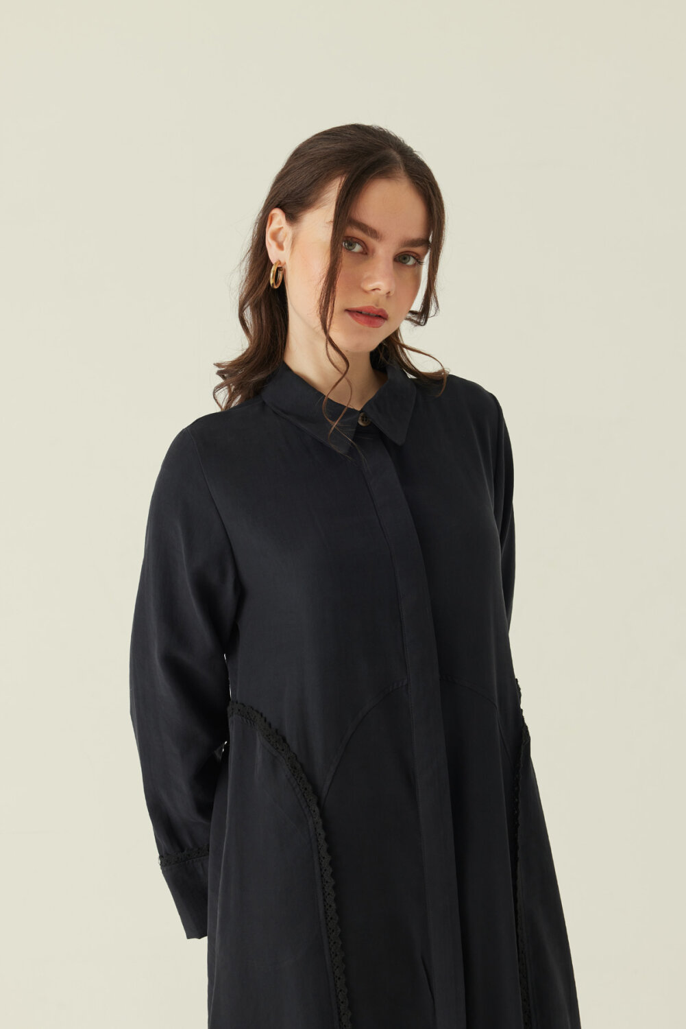 Gömlek Yaka Dantelli Elbise Siyah - 3