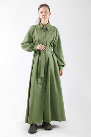 Gömlek Yaka Düğmeli Gabardin Elbise Haki - 1