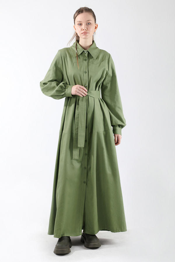 Gömlek Yaka Düğmeli Gabardin Elbise Haki - 1