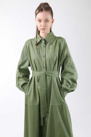 Gömlek Yaka Düğmeli Gabardin Elbise Haki - 2