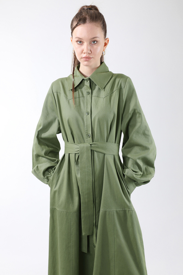 Gömlek Yaka Düğmeli Gabardin Elbise Haki - 2