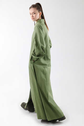 Gömlek Yaka Düğmeli Gabardin Elbise Haki - 3