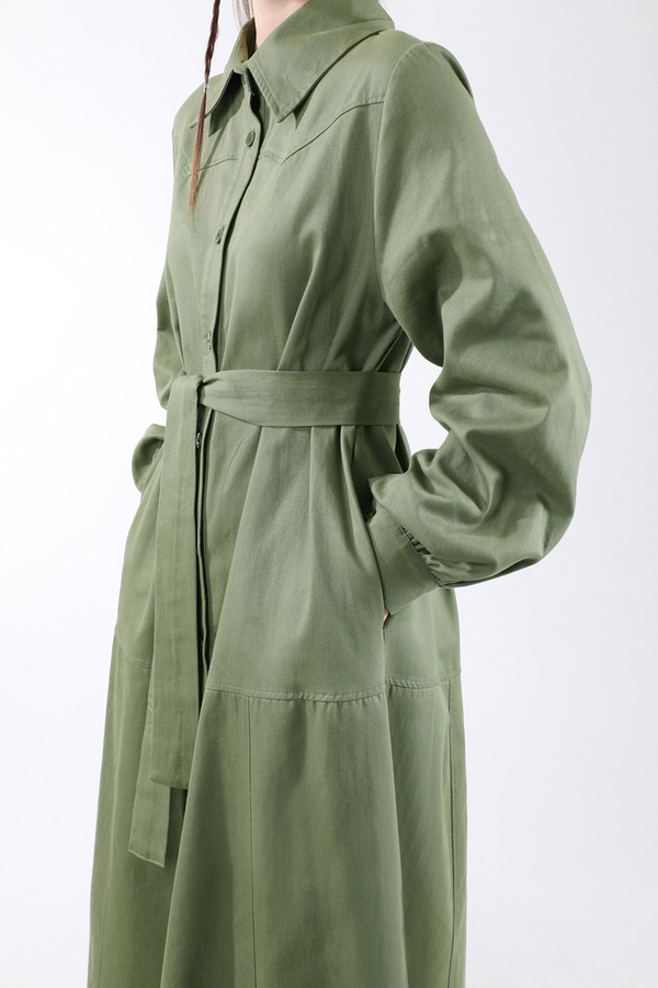 Gömlek Yaka Düğmeli Gabardin Elbise Haki - 4