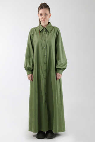 Gömlek Yaka Düğmeli Gabardin Elbise Haki - 5