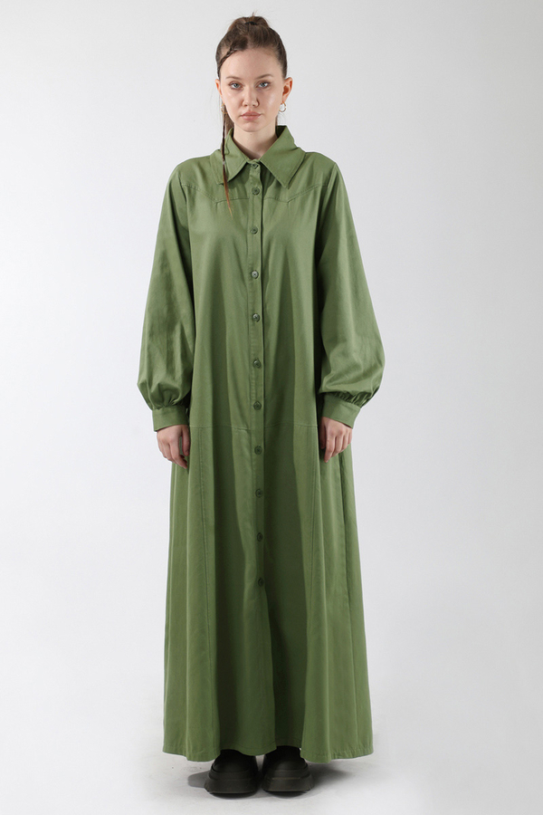 Gömlek Yaka Düğmeli Gabardin Elbise Haki - 5