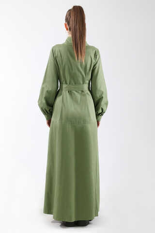 Gömlek Yaka Düğmeli Gabardin Elbise Haki - 6