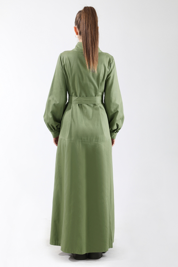 Gömlek Yaka Düğmeli Gabardin Elbise Haki - 6