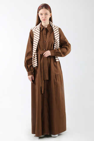 Gömlek Yaka Düğmeli Gabardin Elbise Kahverengi - 1