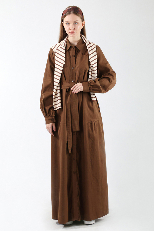 Gömlek Yaka Düğmeli Gabardin Elbise Kahverengi - 1