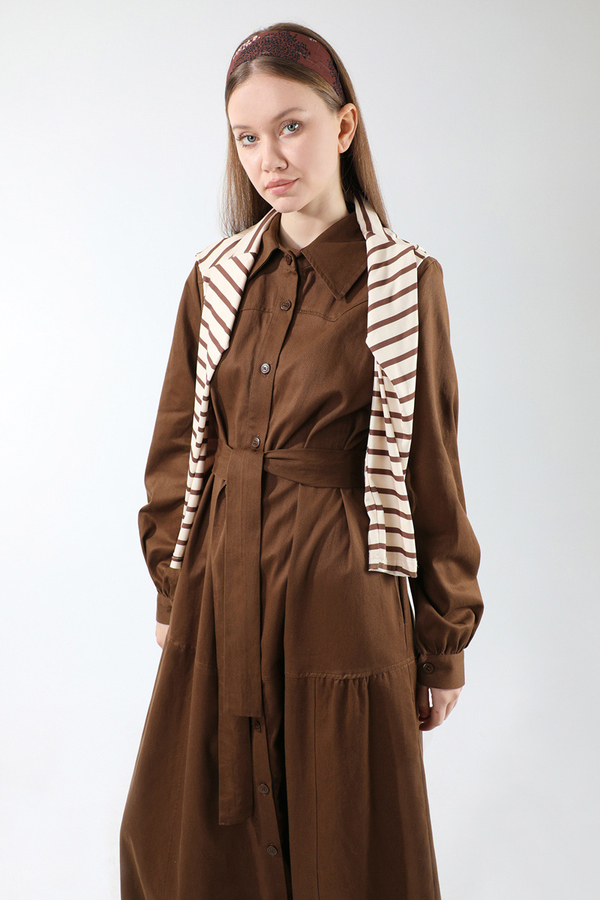 Gömlek Yaka Düğmeli Gabardin Elbise Kahverengi - 2